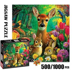 1pc 1000 piece adult puzzle 58x58cm Deer, Rabbits, Birds, Butterfly in Flower - Filled Forest Scene 500 pieces paper jigsaw puzzle suitable for DIY creative games for adults and families, birthda
