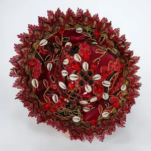 Sombrero de Elegua Santeria - Handmade Red Black Orisha Hat with Cowrie Shells, Yoruba Spiritual Ritual Headpiece, Botánica Religious Altar Decor, Elegua Inspired Ceremonial Cap