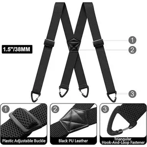 Hidden Suspenders for Men Under Clothes, 1.5 Inch Wide Airport Friendly X Back Elastic Pants Brace, Adjustable No Metal Plastic Carabiner Hook Loops for Skiing Work Denim Jeans, 48 Inches Max