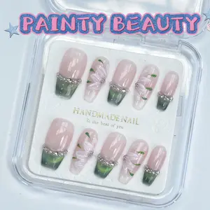 A55  Rectangle Green French Style Hand-painted Flowers Handmade Press On Nails Eco-Friendly Reusable Vegan Cruelty-Free Long Lasting