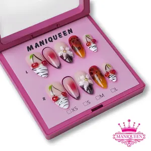 hand-painted cherry ladybug pattern almond nails, 100% handcrafted 3D press-on nails |reusable,long-lasting,salon-quality  summer 2025 011 nail
