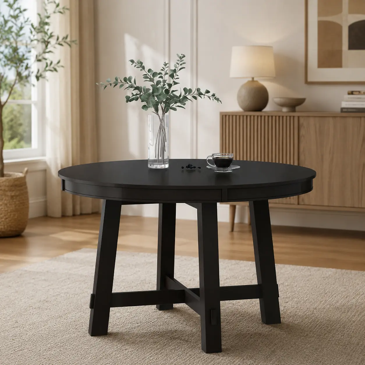 Farmhouse Round Extendable Dining Table Space Saving Solid Wood Kitchen Table with 16 Inch Removable Leaf Espresso Finish Aesthetic Dining Room Furniture for Small Spaces Family Entertaining Apartment Home Decor