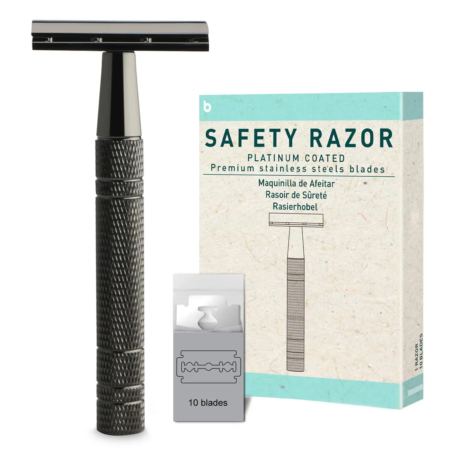 Shiny Gun Black Safety Razor, Single Blade Razors for Men | Reusable Metal Razor, with 10 Platinum Coated Double Edge Blades, Smooth & Close & Comfort Shave, Eco-Friendly, Plastic Free