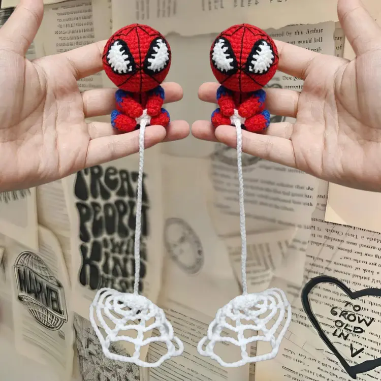 Handmade crochet car rearview mirror hanging accessory – Cute spider design – Crochet spider on a web-like cord – Perfect for Halloween or back-to-school gifting.