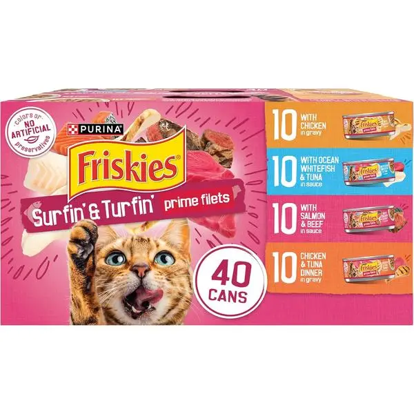 Purina Friskies Wet Cat Food Variety Pack – 40 Cans 5.5 oz Surfin’ & Turfin’ Prime Filets in Gravy