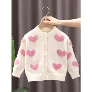 1pc Cute Heart Pattern Girls' Cardigan Sweater - High Elasticity Acrylic Knit, Button-Up, Round Neck, Loose Fit, Autumn/Winter Collection