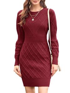 Goranbon Womens Sweater Dress Long Sleeve Diamond Knit Pullover Sexy Slim Fit Crewneck Mini Dress Christmas Gift