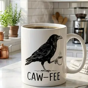 Caw-fee Raven Illustration Mug | Coffee Pun Ceramic Mug | Raven Mug | Caw-Fee Reusable Ceramic Mug
