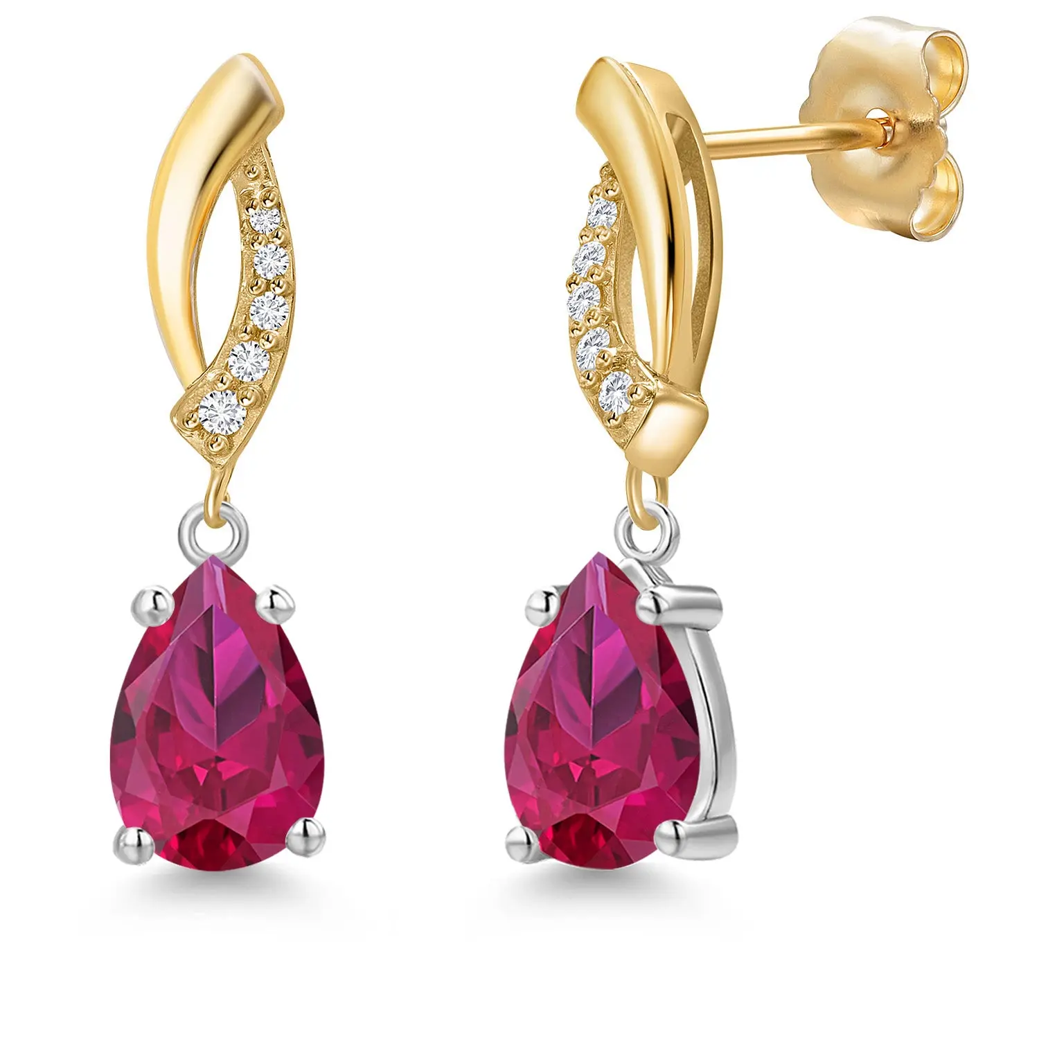 Gem Stone King 14K Two Tone Gold Red Created Ruby and Lab Grown Diamond Dangle Earrings for Women | 2.15 Cttw | Gemstone July Birthstone | Pear Shape 8X5MM