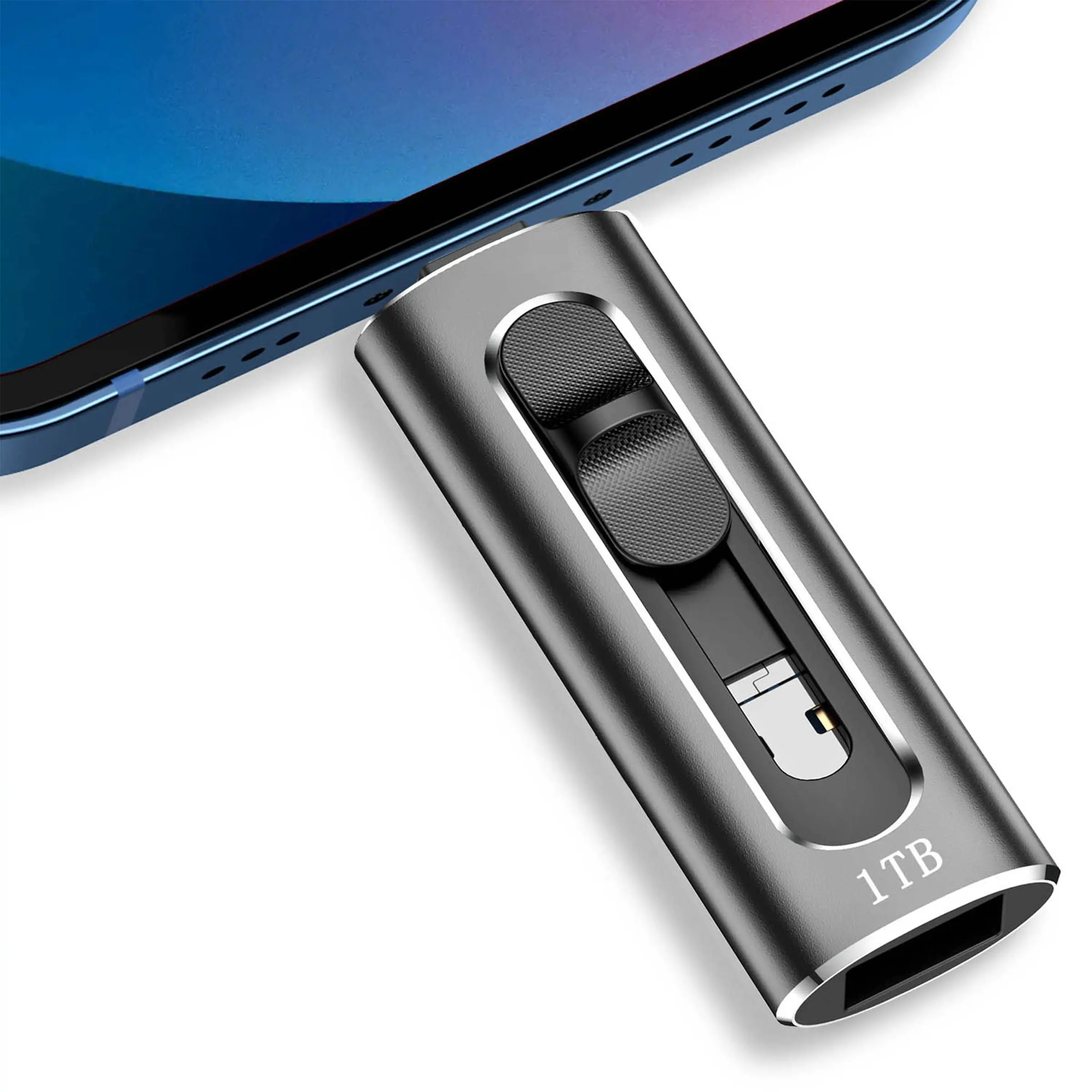 BOYMXU 1TB USB Flash Drive for iPhone & iPad, Plug and Play, 4-in-1 Ports, High-Speed Transfer, Compatible with iOS 13+, Android, PC - BLACK