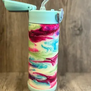 12oz Skinny Kids Flip Lids Tumbler Teal with Colorful Swirl Design and Straw Feature