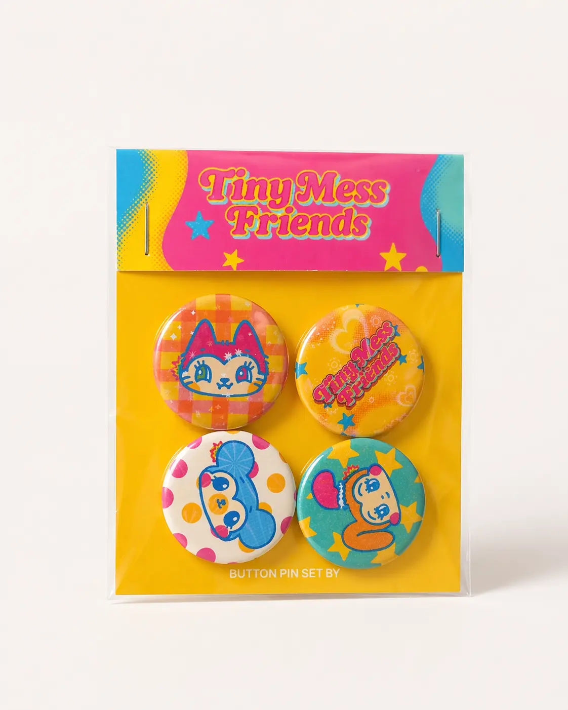 4Pcs Holographic Character Pin Buttons | Cute Kawaii Collectible Badge Set for Bags Backpacks Jackets Hats Anime Aesthetic Accessories by Tiny Mess Friends