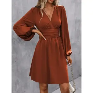 Women’s Autumn Dress with Surplice Neckline, Lantern Sleeves, Ruched Waist, Fabric