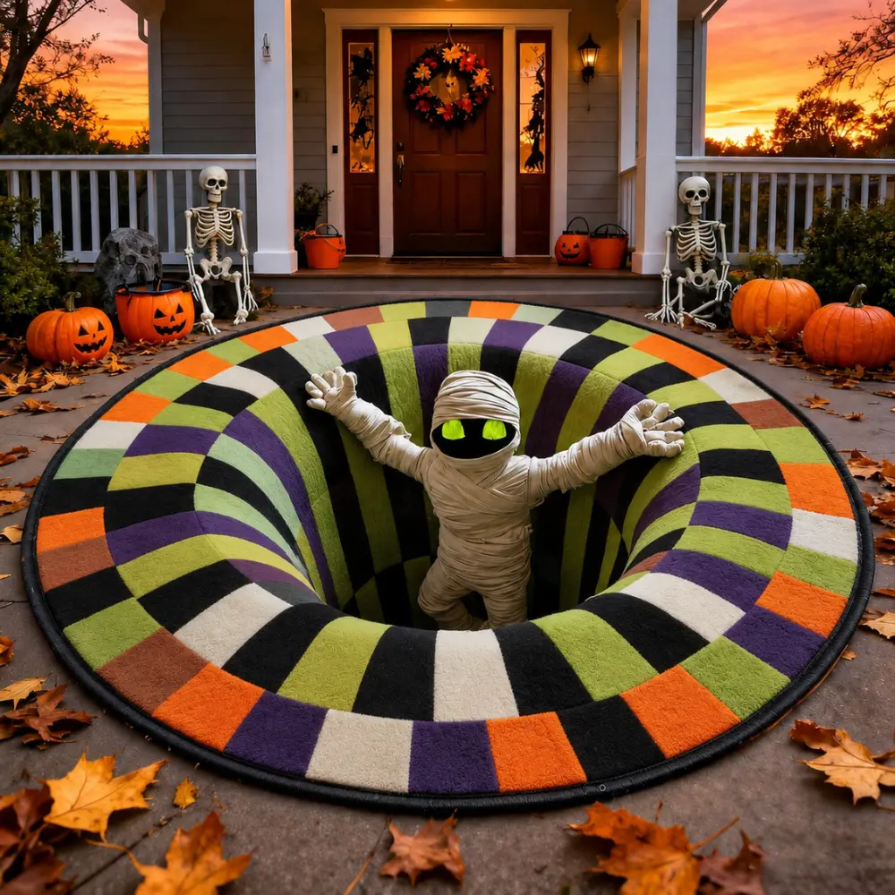 KinLoca 3D Halloween Abyss Round Rug, Quilted Pumpkin and Ghost Illusion Floor Mat, Soft Non-Slip Decorative Area Rug for Living Room, Bedroom and Halloween Party Decor