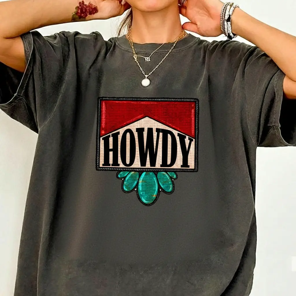 Retro Red Howdy Turquoise Jewelry Shirt, Western Cowgirl Fashion, Feeling Lucky, Card, Wild West Gifts, Trendy Rodeo T-shirt