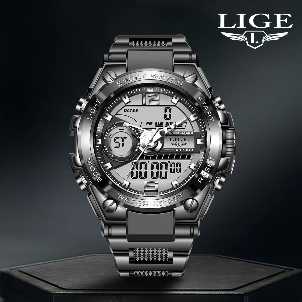 LIGE Men's Trendy Fashionable Watch with Dual Screen Display, Luminous Dial, and 50m Waterproof Design for Daily Wear, Fashionable Waterproof Watch, Luminous Analog Watch