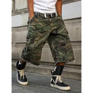 ( Five-star review)Men's Casual Cargo Pockets Camouflage Frayed Hem Loose Denim Shorts Jorts
