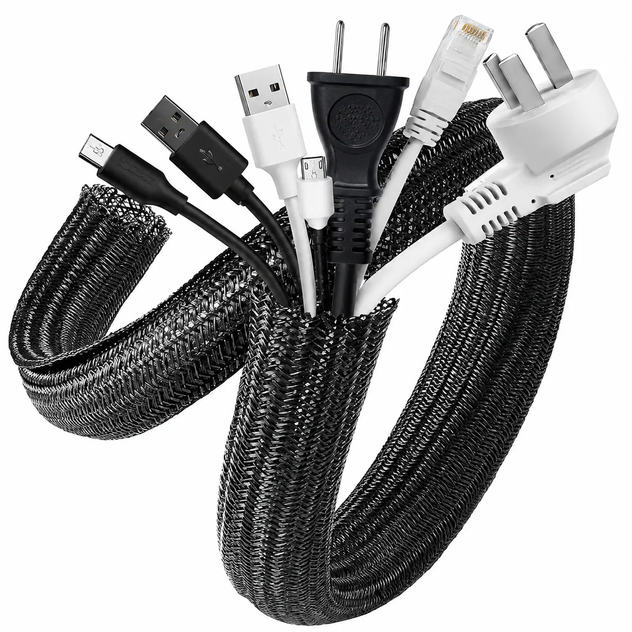 Cable Management Sleeve, Nylon Cord Protector for Under Desk Wire Organization, Pet Proof Cable Cover for Computer, TV, Gaming Desk & Home Office,0.31 in / 0.39 in / 0.51 in / 0.63 in Black