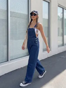 Women's Patched Pocket Denim Overall Pants, Stylish & Comfortable Fit Design, Perfect for Casual Wear, Durable Material Construction