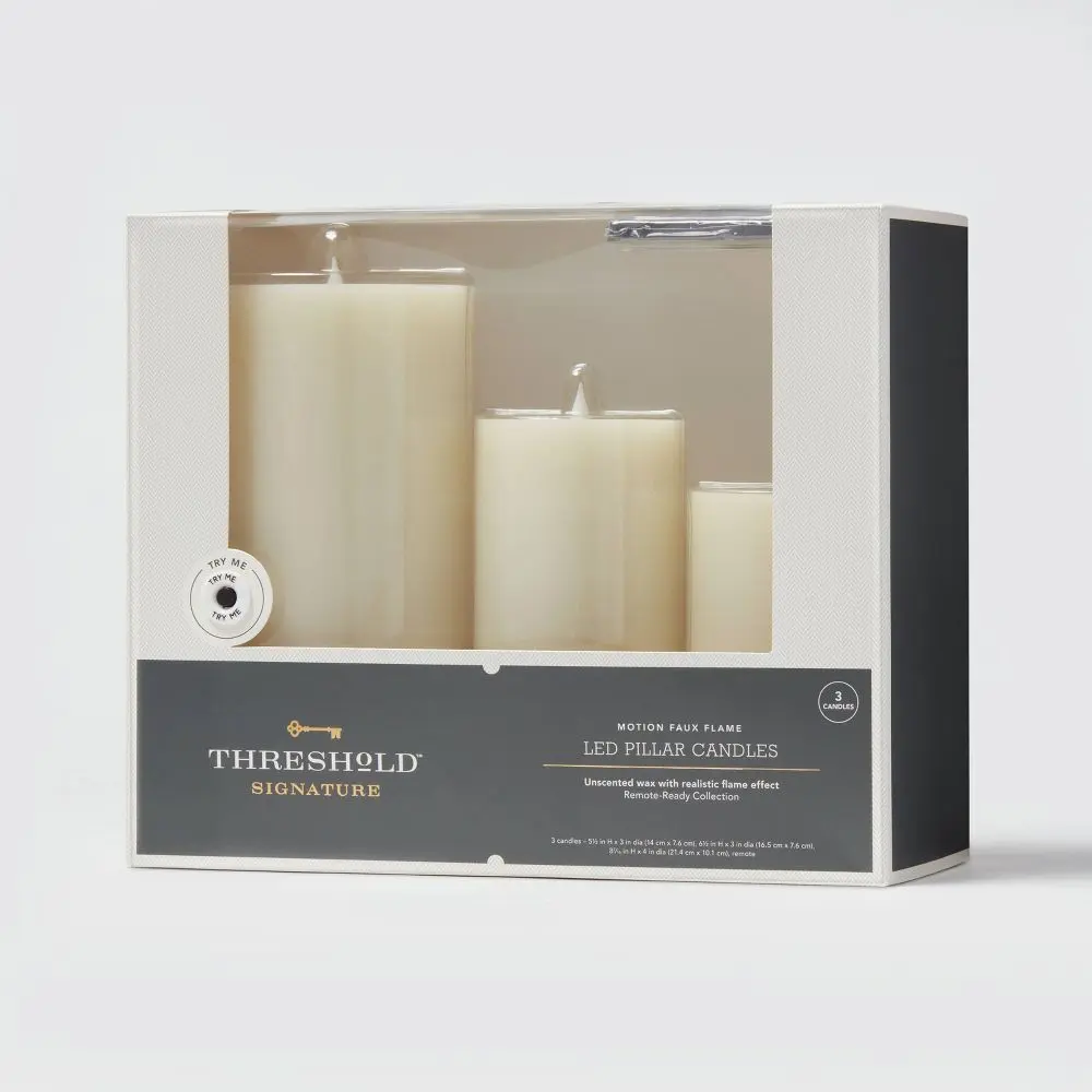 3pk LED Candles Cream - Threshold: Paraffin Wax Pillar Style Indoor/Outdoor Use Requires AA Batteries