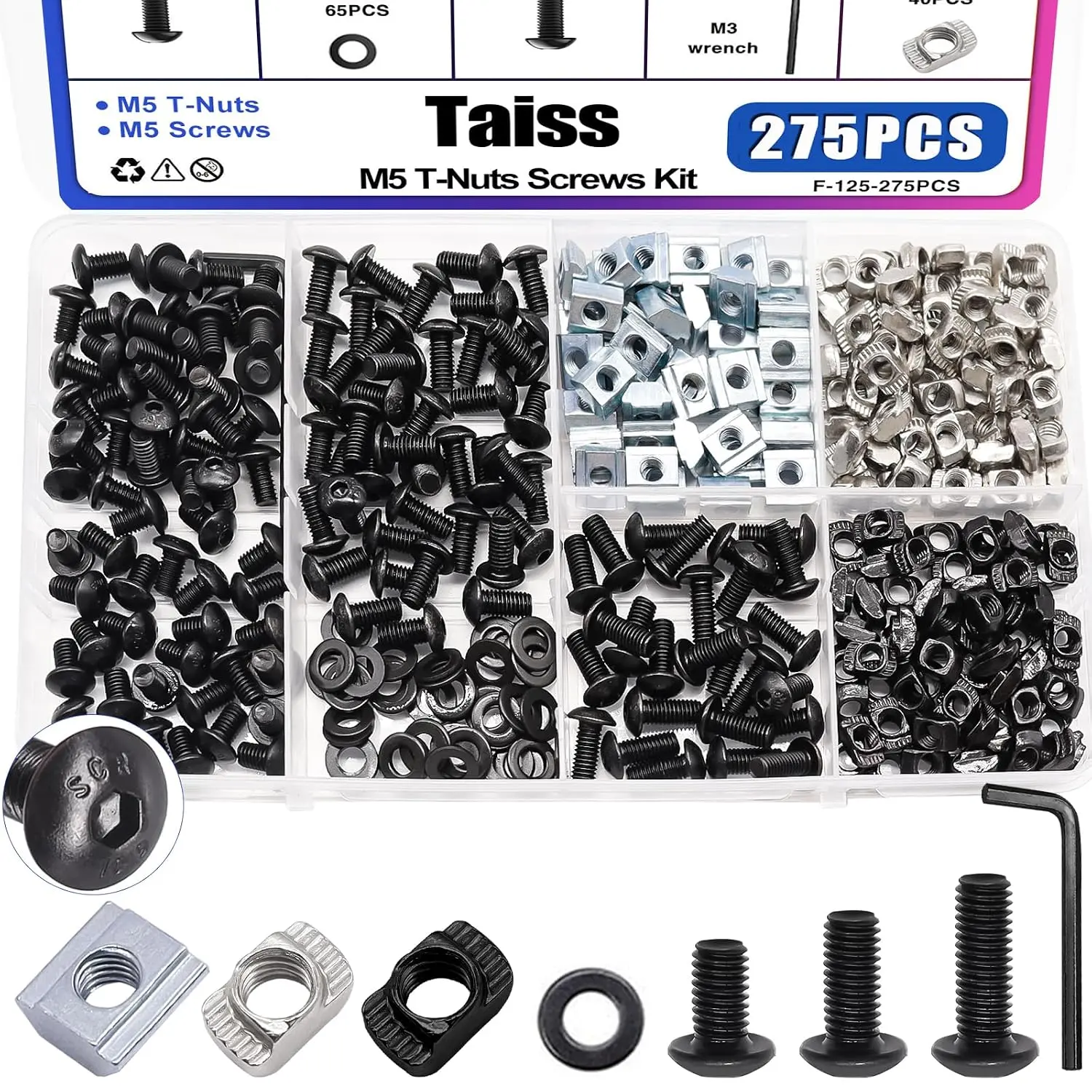 Taiss 275PCS M5 T-Nuts and Bolts Kit for 2020 Aluminum Extrusion Hardware,T Sliding Nut,T-Slot Nut,M5x8/10/12mm Hexagon Socket Screws and Washers with Hex Wrench