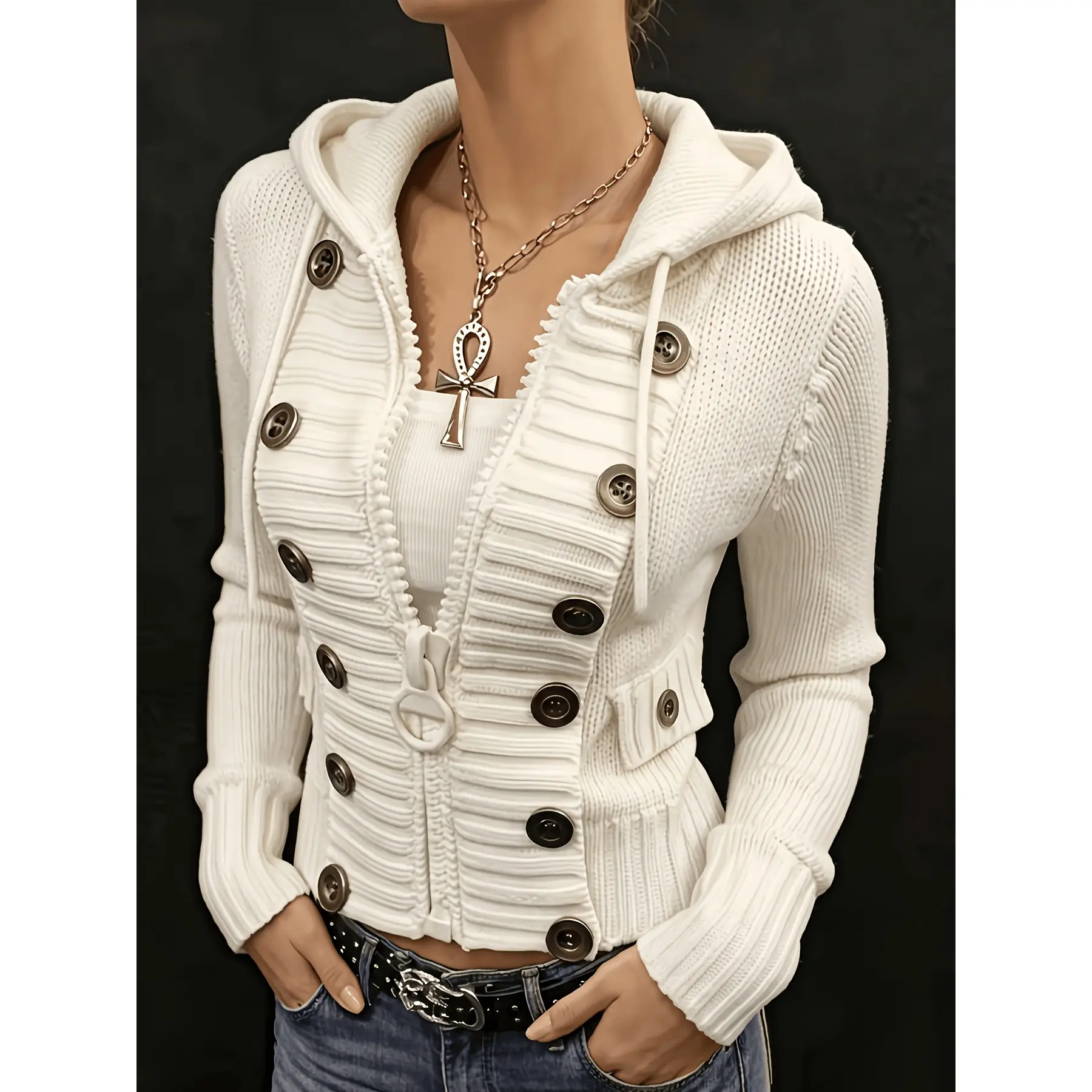 Elegant Vertical Rib Cable Hooded Drawstring Zip-Front Cardigan, Versatile Heavy-Duty Double-Breasted Waist-Cinching Cropped Jacket for Home, Office, and Outings