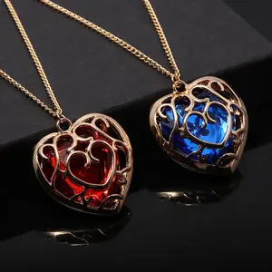 Zelda Link Skyward Sword Engraved Heart-Shaped Necklace, Red Blue Big Heart Container Crystal Pendant Jewelry for Cosplay Enthusiasts, Engraved Heart-Shaped Necklaces