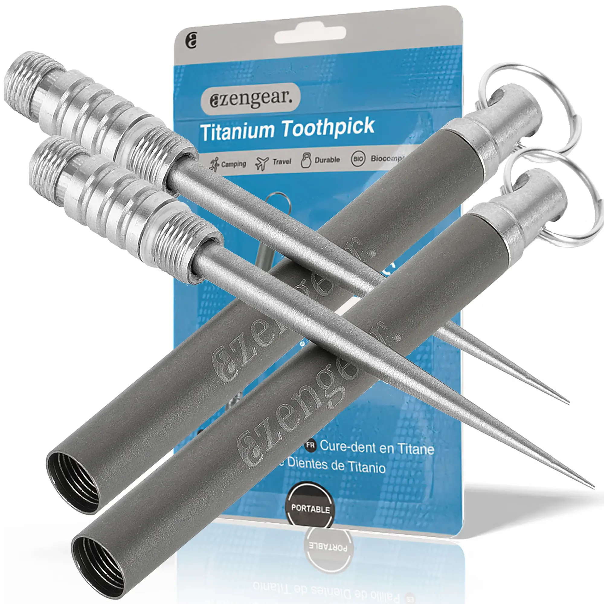 Titanium Toothpick EDC with Keyring Pocket Holder - Reusable, Portable - Best for Outdoor Camping, Travel, Picnic