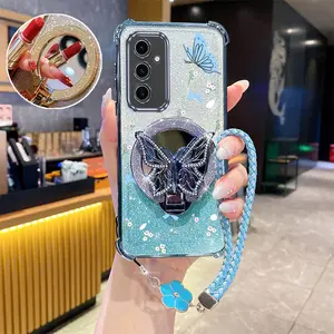 S24 FE Impact Resistant Transparent Glitter Shiny Clover Strap Lanyard Phone Holder Case For Compatible With Samsung Galaxy S24 FE Blue Butterflies Bows White Small Flowers Stand Cover