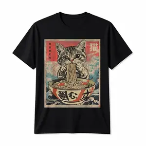 1pc Kawaii Cat Ramen Anime T-Shirt for Men, 100% Fabric, Crew Neck, Short Sleeve, Regular Fit, Weekend Casual Wear, All-Season Casual Wear, gifts for him - Ideal for Valentines New Year'S Day Father'S Day Christmas
