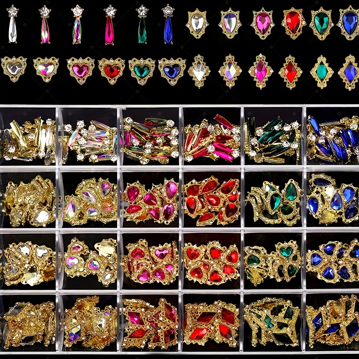 24-Piece Alloy Rhinestone Nails, Heart-Shaped Nail Art Decor, Y2K Style, Multi-Use, Rhinestone Design, Perfect for Valentine's Day Gift, Manicure Accessories, Nail Art Set, Nail Art Supply, Nail Decoration Supplies, Diy Nails Art