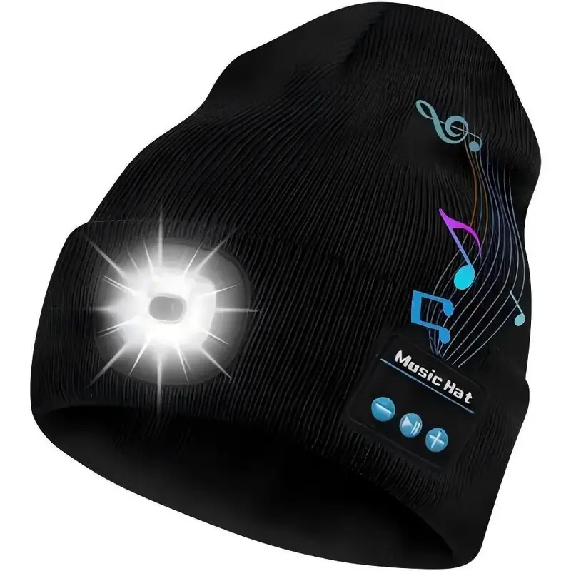 Soft Knit Beanie Skull Cap with Rechargeable Headlamp, USB Charge Music Hat with Built-in Stereo Speakers & Mic for Outdoor Sports, Led Light, Bluetooth, Acrylic, Anniversary, Auto Repair, Birthday, Christmas, Female