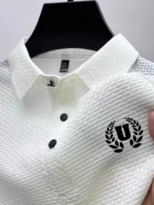Men's Creative Letter U Pattern Print Polo Shirt, Cool Lightweight Smooth Fabric, Business Casual, Slim Fit