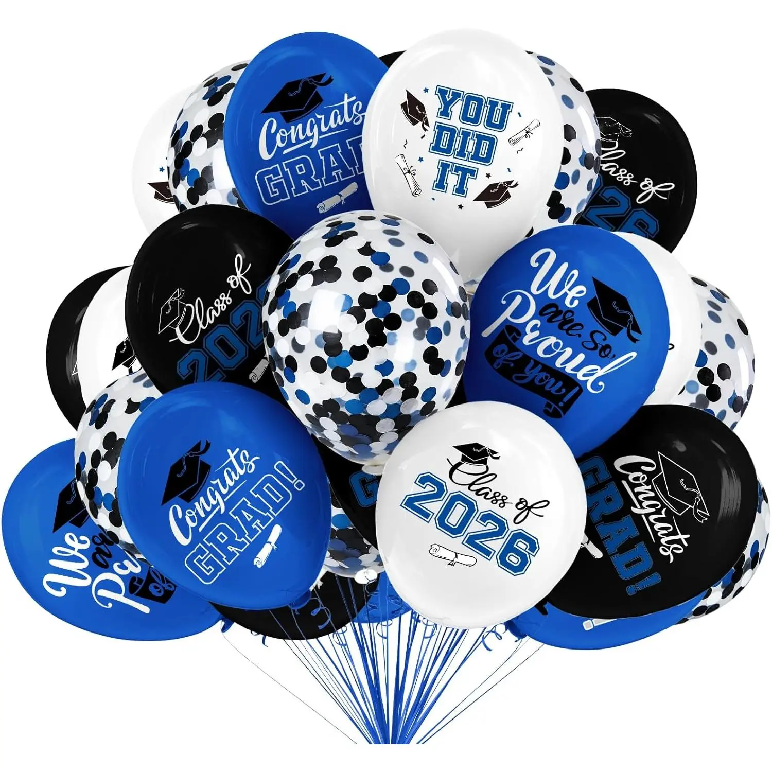 2026 Blue & Black Graduation Balloon Decor Pack - 63Pcs Durable Latex with Ribbons, 7 Unique Patterns, Scroll, Confetti, Congrats Caps, Arch Supplies, Photo-Worthy Durable Design for College Parties, Balloons