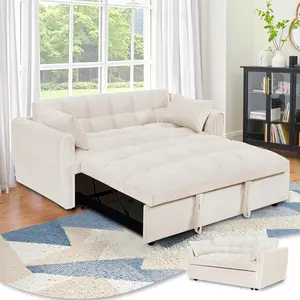 3 in 1 Convertible Sleeper Sofa Bed, 65 Inch Convertible Pull Out Couch for Living Room with Adjustable Back & Pillow, Velvet Loveseat Futon Sofa Bed for Bedroom, Beige