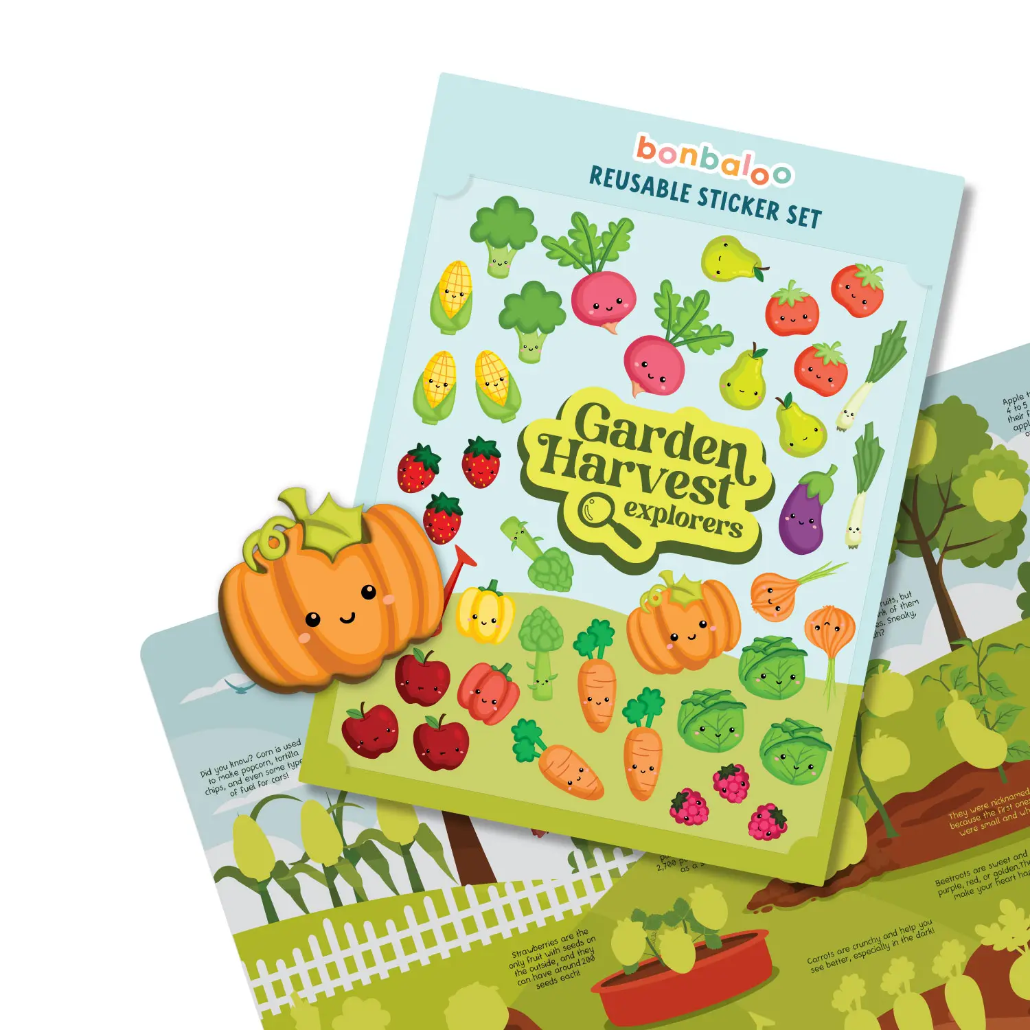 Bonbaloo Garden Sticker Set: 42 Reusable Puffy Stickers for Kids - Eco-Friendly - Vegetable & Fruit Themed Play Set for Preschoolers