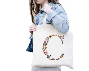 Custom Teacher Name Letter Canvas Tote Bag, Personalized Letter Floral Name Tote Bag, Letter Tote Bag, Initial Letter Tote, Floral Monogram Tote Bag