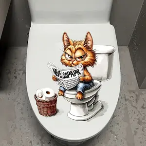 Cute Cartoon Cat Reading Newspaper Toilet Stickers - Waterproof Vinyl Bathroom Stickers, Orange and White Cat Design, Removable Wall Decoration, Suitable for Toilet Lids and Jars, Creative Home Decoration Accessories
