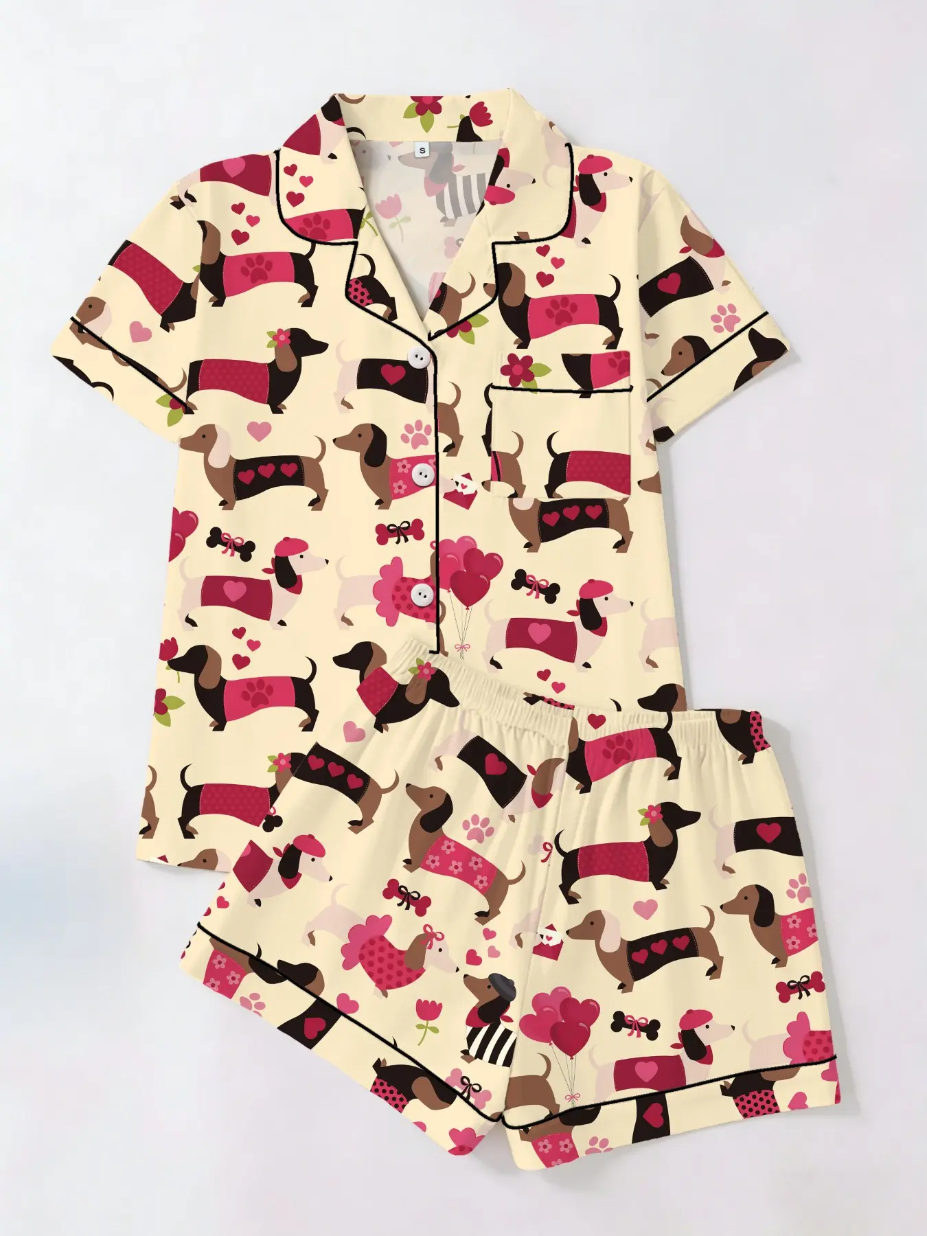 Trending Sausage Dog Print Fitted Pajama Set Pjs Nightwear Outfit, Short Sleeve Tee & Shorts Two-Piece Loungewear, Comfortable Homewear for All Women
