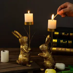 Easter Rabbit Candle Holder Decor, Resin Craft for Home Living Room Tabletop, Dining Room Candlestick Stand, Unique Easter Decoration