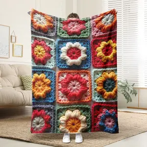 1 Comfortable Crocheted Flower Square Flannel Blanket, Soft Printed Cooling Blanket, 100% Polyester, Perfect Gift For Family And Friends