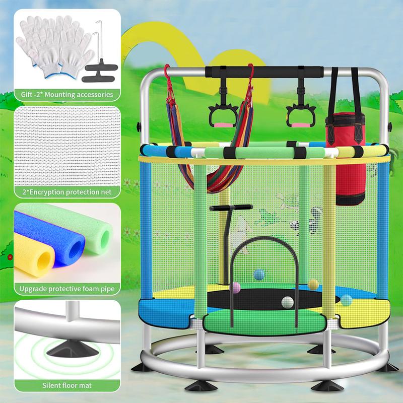 Trampoline for Kids with Basketball Hoop, 55" Toddler Trampoline Indoor & Outdoor, 440lbs Capacity Baby Trampoline with Enclosure, No-Gap Safe Design,,Swing,Sandbag,Ring,Ocean Balls,Gifts for Boys&Girls,