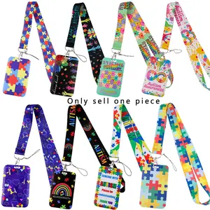 Autism Awareness Colorful Puzzle Pattern Lanyard for Keys Chain ID Credit Card Cover Pass Mobile Phone Charm Neck Straps Badge Holder Key Ring Accessories Doctors Nurses Gifts Keychain For Bags