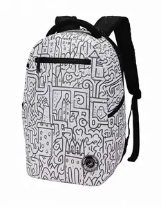 Unique Hand-Drawn Castle & Hearts Artistic Backpack – White Canvas with Black Sketches, Functional Front Zip Pocket & Comfortable Black Straps.