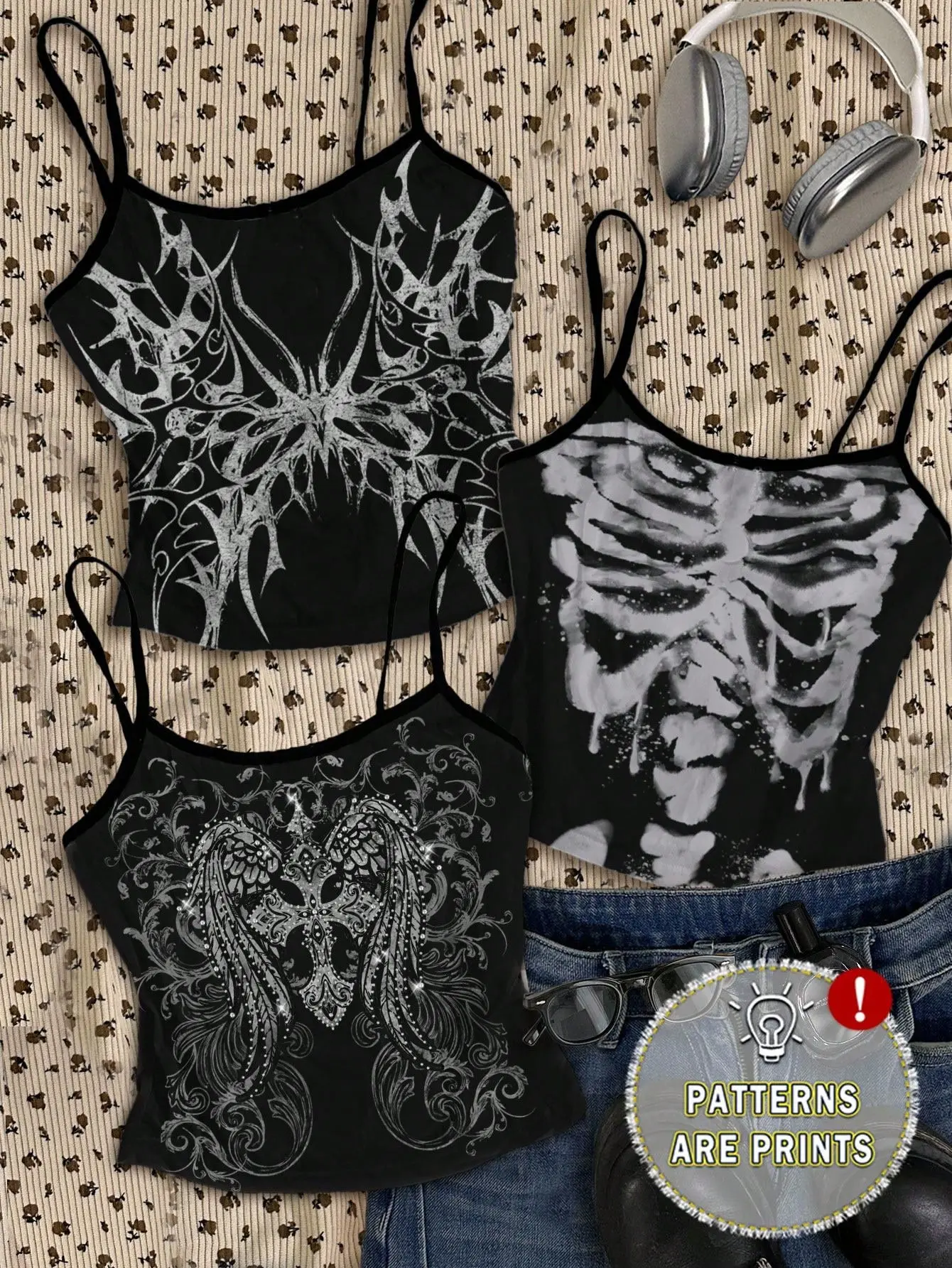 DRIVEN Women Grunge Style Butterfly Cross Wing Skull Halloween Halter Tank Tops 3 Piece Set Summer Airport Street Wear Y2K