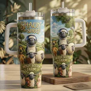 Playful Sheep Cartoon Tumbler 20oz/40oz, Farm Animal Insulated Travel Mug with Handle & Straw, Cute Pastoral Aesthetic Gift Cup