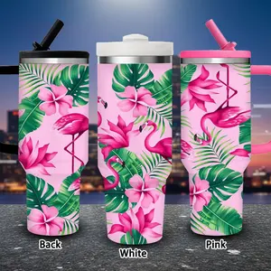1 pc 40 oz Tropical Paradise tumbler with flamingo and flower pattern, lid and straw; winter insulated travel mug; gift for women and men; ideal for Valentine’s Day, Easter, and birthdays; suitable for iced or hot coffee