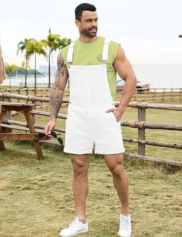 WIRDATRD Stretch Bib Denim Overalls for Men Casual Sleeveless Adjustable Jean Shorts Jumpsuit Work Coveralls with Zipper, Fashion Men's Clothing  Menswear