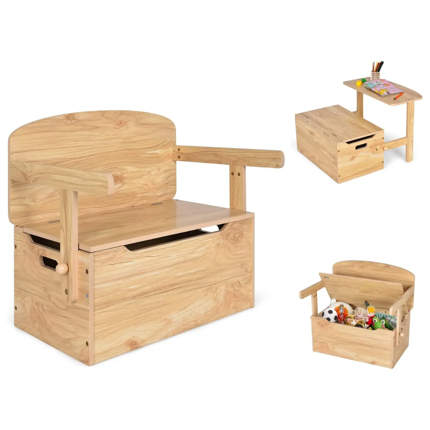 Costzon 3-in-1 Convertible Wooden Toy Storage Bench with Handle, 2 Bins for Kids Reading Nook, Toddler Table and Chair Set for Daycare Playroom Classr