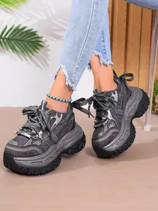 Women's Patchwork Heavy‑Duty Platform Dad Trainer Shoes Height‑Increasing Non‑Slip Lace‑up Breathable Casual Sneakers